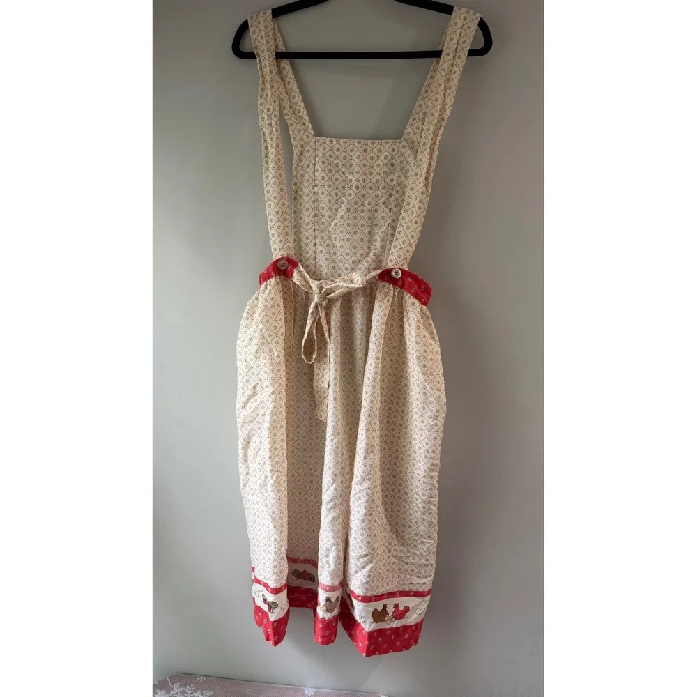 Vintage‎ Farmhouse Chicken Print Apron Womens OS Cream Red Handmade Cottagecore